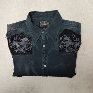 Roar Shirt Mens Medium Blue Lion Graphic Long Sleeve Button Up Cristoval Patch